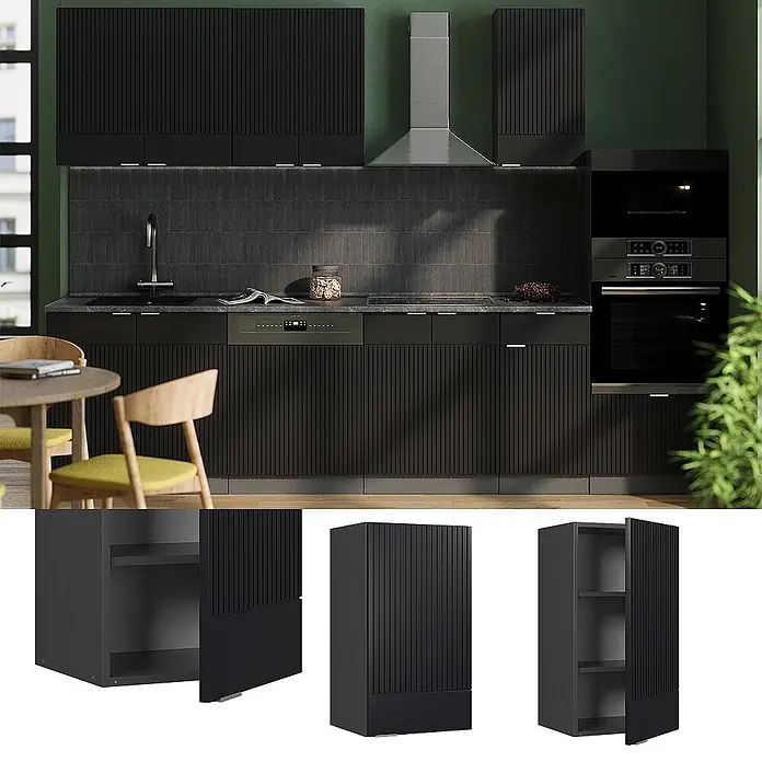 Vicco Hängeschrank Fame-Line, Schwarz gestreift, 40 cm -  - Moderne schwarze Küchenschränke mit vertikal geriffelten Türen, inklusive Einbaugeräten in einer kompletten Kücheneinrichtung.