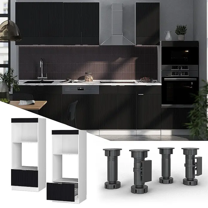 Vicco Mikrowellenschrank Fame-Line, Schwarz gestreift, 60 cm -  - Moderne Küche mit schwarzen geriffelten Fronten, einem hohen weißen und schwarzen Schrank sowie verstellbaren Kunststofffüßen.