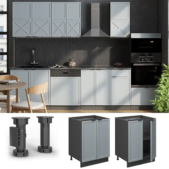 Vicco Schrankküche Fame-Line Hellblau-grau ohne Arbeitsplatte - Hellblau-grau, Unterschrank 60 cm - Moderne hellgraue modulare Küchenschränke mit dunkelgrauen verstellbaren Beinen in einer modernen Küche.