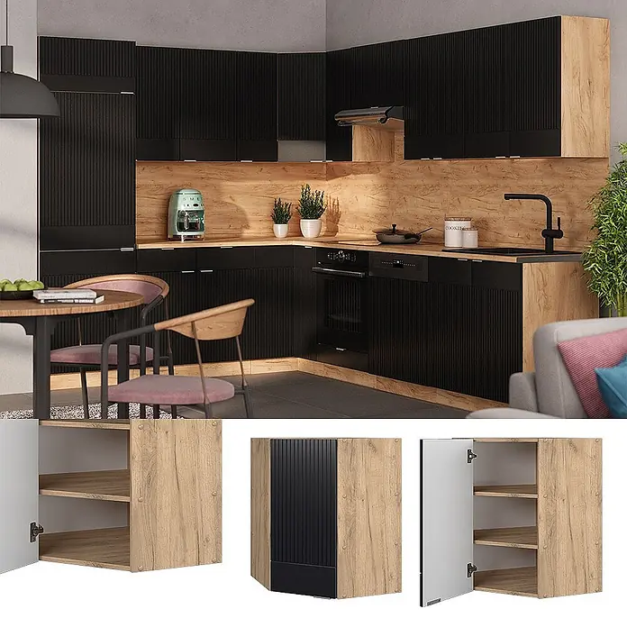 Vicco Eckhängeschrank Fame-Line, Schwarz gestreift, 57 cm -  - Moderne L-förmige Küche mit schwarzen geriffelten Fronten und hellen Holz-Effekt-Platten, bietet stilvollen Stauraum.