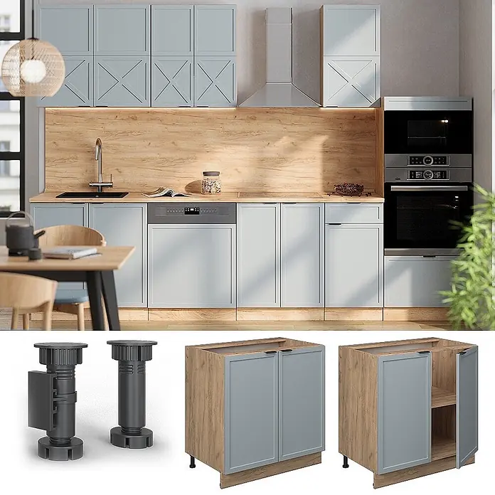 Vicco Schrankküche Fame-Line Hellblau-grau mit Regal, AP Eiche - Hellblau-grau, Unterschrank 80 cm - Moderne hellblaue Küchenunterschränke mit Holzpaneelen und verstellbaren Füßen. Geschlossene und offene Module, montiert und als Komponenten dargestellt.