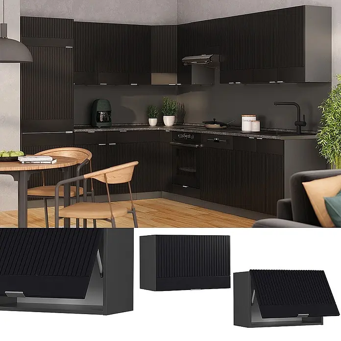 Vicco Hängeschrank Fame-Line, Schwarz gestreift, 60 cm -  - Schwarze gerippte Küchenschränke in moderner Umgebung, Detailansichten zeigen die funktionale Klapptür.