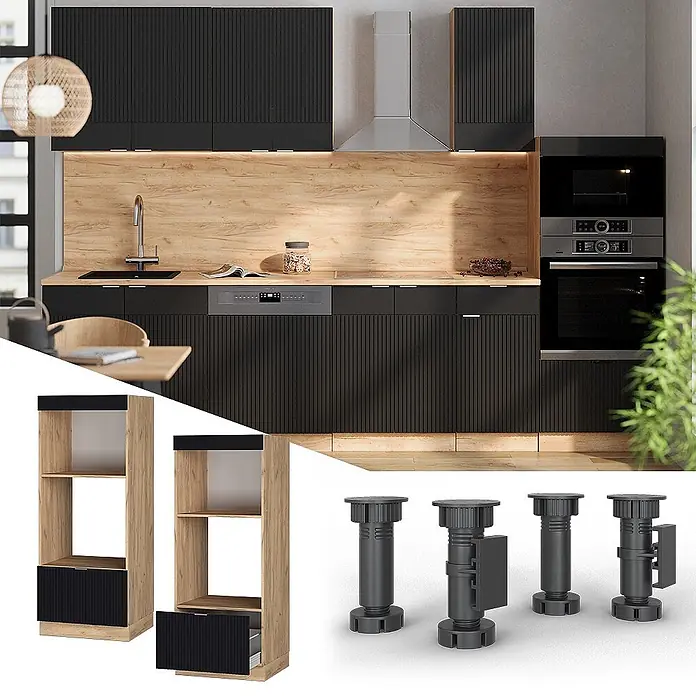 Vicco Mikrowellenschrank Fame-Line, Schwarz gestreift, 60 cm -  - Moderne Küche mit schwarzen geriffelten Schränken, Holzdetails, passenden Regalen und verstellbaren Möbelfüßen.