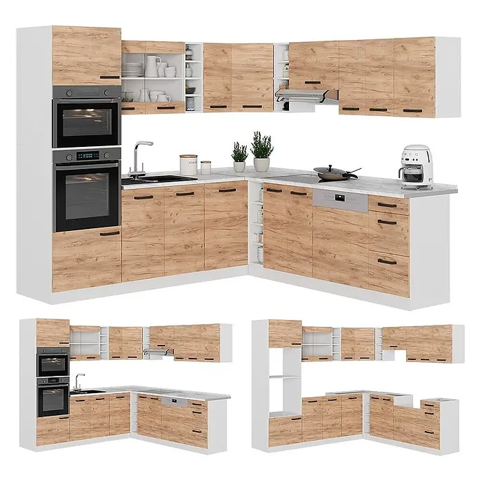 Eckküche R-Line 247 cm Goldkraft Eiche Art.-Nr. 52239 -  - Moderne L-förmige Küche mit Holzoptik und weißen Schränken, weißer Arbeitsplatte. Mit Einbaubacköfen, Spüle und Geschirrspüler.