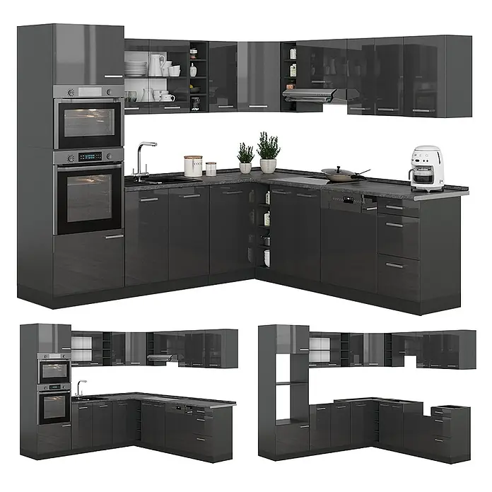 Vicco Eckküche R-Line Anthrazit Hochglanz/Anthrazit ohne Arbeitsplatte - B x T: 247 x 46 cm, Anthrazit Hochglanz, Ohne Elektrogeräte - Moderne L-förmige Küchenzeile mit glänzenden dunkelgrauen Schränken, integrierten Geräten wie Backöfen, Spüle und Geschirrspüler.