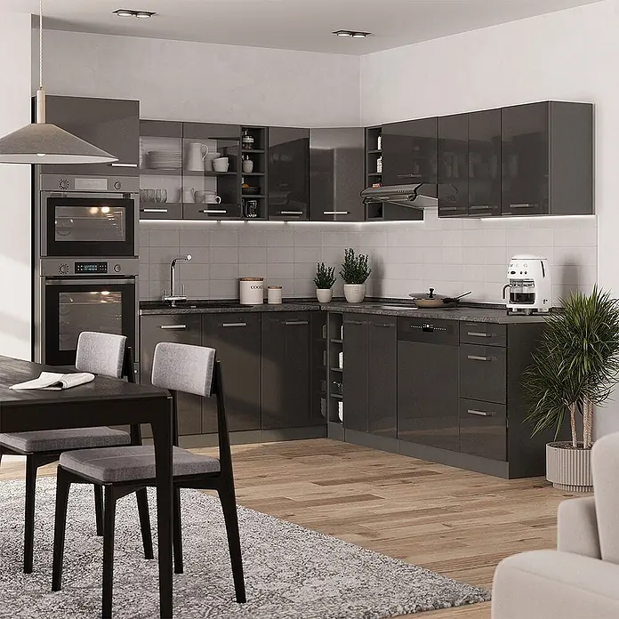 Vicco Eckküche R-Line Anthrazit Hochglanz/Anthrazit ohne Arbeitsplatte - B x T: 247 x 46 cm, Anthrazit Hochglanz, Ohne Elektrogeräte - Moderne, dunkelgrau glänzende L-förmige Küche mit integrierten Backöfen und Geschirrspüler, bietet viel Stauraum und Arbeitsfläche.