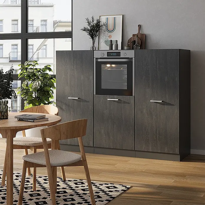 Vicco Küchenleerblock R-Line Schwarz Beton/Anthrazit ohne Arbeitsplatte - Schwarz Beton - Dunkelgraue strukturierte Küchenschränke mit integriertem Backofen und Metallgriffen, in moderner Küche.
