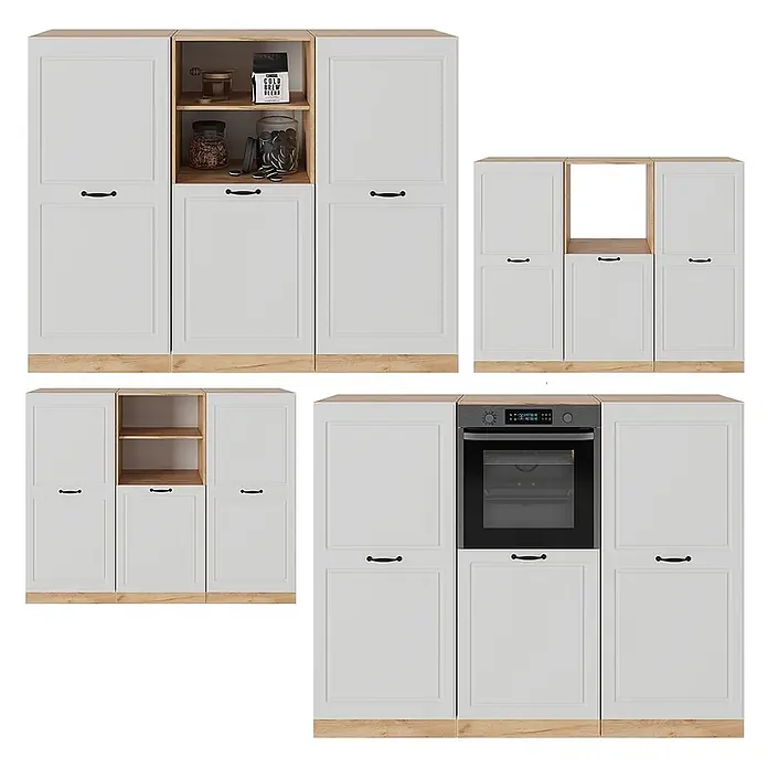 Vicco Küchenleerblock R-Line Weiß Landhaus/Goldkraft Eiche ohne Arbeitsplatte - Weiß Landhaus - Weiße Küchenschränke mit hellen Holzdetails, in Konfigurationen für offene Ablage oder integrierten Ofen.