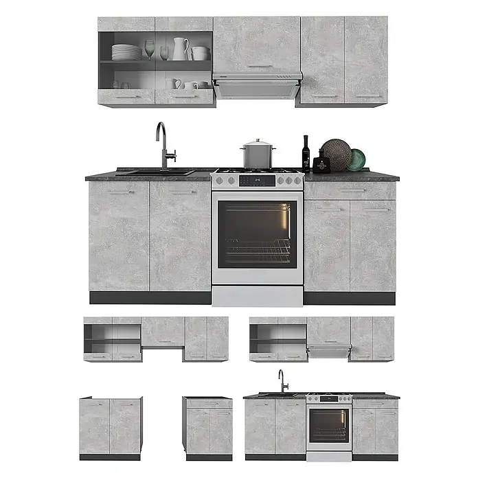 Küchenzeile R-Line 200 cm Beton Art.-Nr. 54064 -  - Komplette modulare Küchenzeile in hellgrauem Beton-Look-Laminat, mit Ober-, Spül- und Herdschrank sowie Dunstabzugshaube.