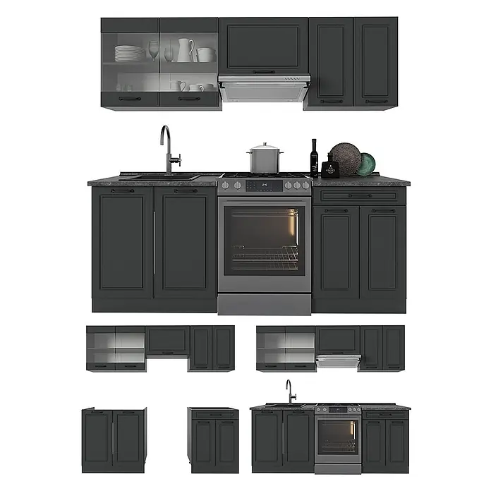 Küchenzeile R-Line 200 cm Anthrazit Landhaus Art.-Nr. 53300 -  - Dunkelgraue modulare Küchenschrank-Set mit Ober- und Unterschränken, integriertem Backofen, Herd, Spüle und Dunstabzugshaube.