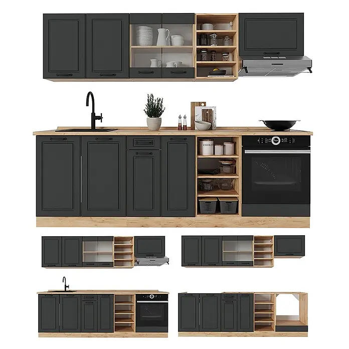 Vicco Küchenzeile R-Line Anthrazit Landhaus/Goldkraft Eiche ohne Arbeitsplatte - Breite: 240 cm, Anthrazit Landhaus, Ohne Elektrogeräte - Dunkelgraue Küchenschränke mit hellen Holzplatten und offenen Regalen, inklusive Spüle, Ofen und Dunstabzugshaube.