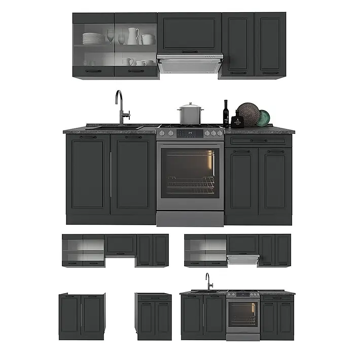 Küchenzeile R-Line 200 cm Anthrazit Landhaus Art.-Nr. 54067 -  - Modulare dunkelgraue Küchenschränke mit Spüle, Backofen und Dunstabzugshaube.