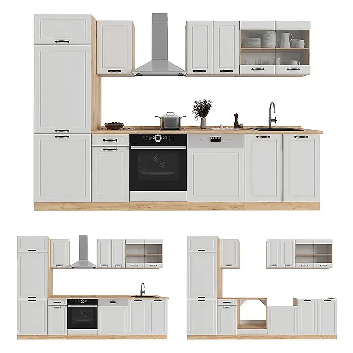 Vicco Küchenzeile R-Line Weiß Landhaus/Goldkraft Eiche, AP Eiche - Breite: 300 cm, Weiß Landhaus, Ohne Elektrogeräte - Modernes weißes Küchenmöbel-Set mit heller Holzarbeitsplatte, inklusive integriertem Backofen, Geschirrspüler und Spüle.