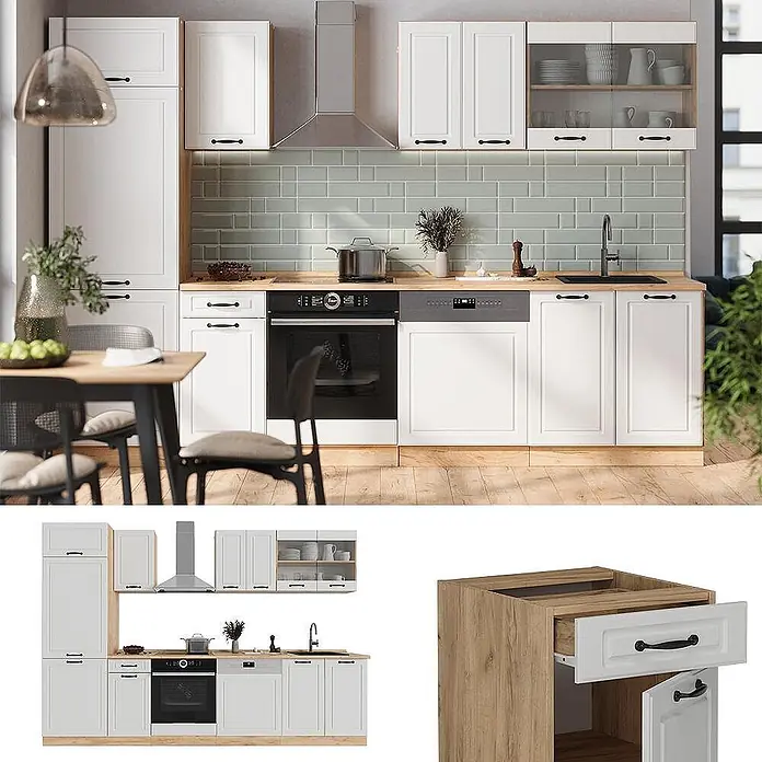 Vicco Küchenzeile R-Line Weiß Landhaus/Goldkraft Eiche, AP Eiche - Breite: 300 cm, Weiß Landhaus, Ohne Elektrogeräte - Weißes modulares Küchenset mit Holzarbeitsplatten und Einbaugeräten in modernem Zuhause.
