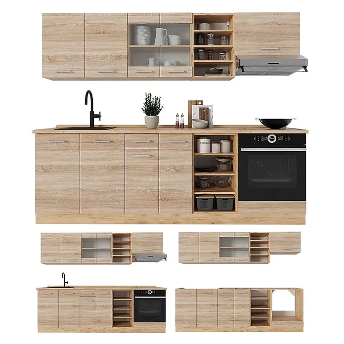Vicco Küchenzeile R-Line Sonoma/Goldkraft Eiche, AP Anthrazit - Breite: 240 cm, Sonoma, Ohne Elektrogeräte - Modulare Küchenzeile in heller Holzoptik mit Spüle, Backofen, Kochfeld und offenen Regalen. Mehrere Konfigurationen gezeigt.