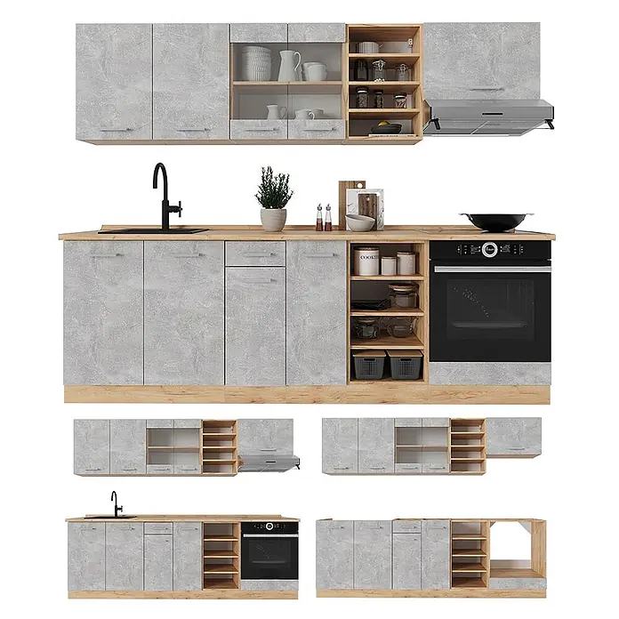 Vicco Küchenzeile R-Line Beton/Goldkraft Eiche, AP Marmor - Breite: 240 cm, Beton, Ohne Elektrogeräte - Moderne Küchenzeile: Schränke in Betonoptik, Arbeitsplatte/Regale aus hellem Holz, Spüle, Backofen, Kochfeld.