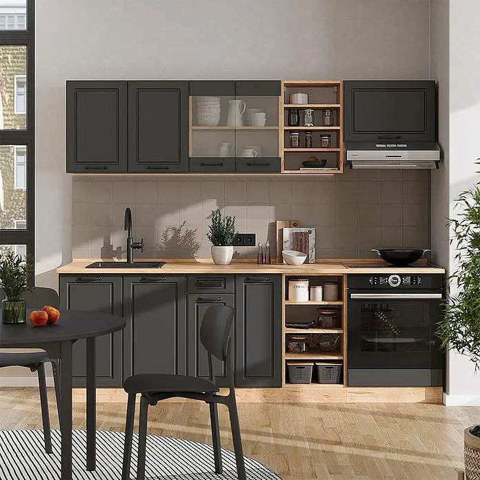 Vicco Küchenzeile R-Line, Anthrazit Landhaus/Goldkraft Eiche, 240 cm -  - Moderne dunkelgraue Küchenschränke mit hellen Holzelementen und integrierten Geräten in einer kompletten Küche.
