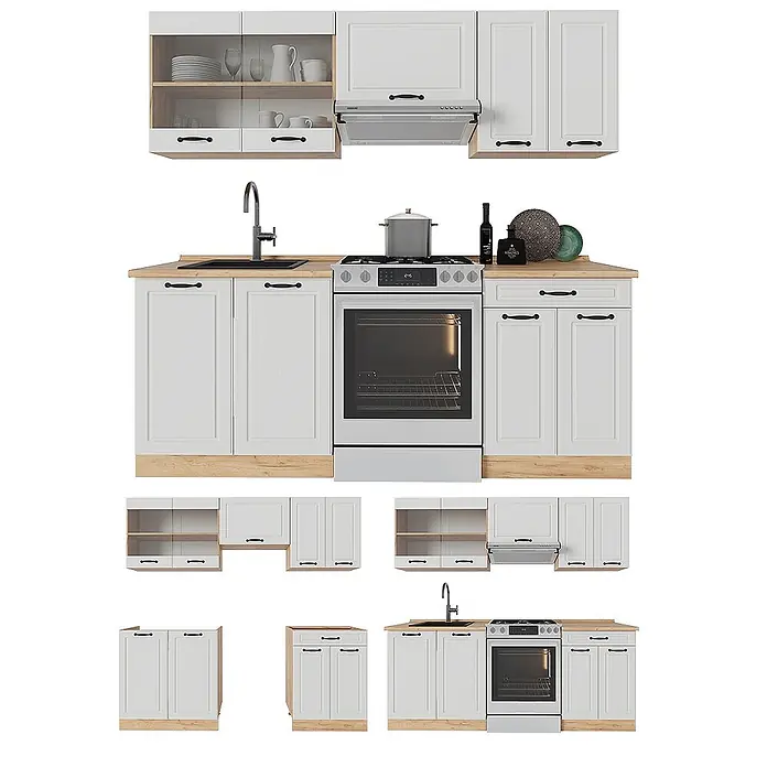 Küchenzeile R-Line 200 cm Weiß Landhaus Art.-Nr. 53999 -  - Eine moderne weiße Modulküche mit Arbeitsplatten und Sockel aus Holz, Spüle, Backofen und verschiedenen Schränken.