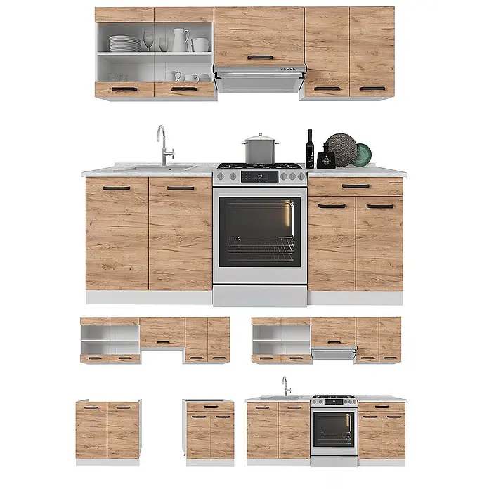 Vicco Küche R-Line, Goldkraft Eiche/Weiß, 200 cm -  - Modulare Küchenzeile mit hellbraunen Holzmaserungsschränken, weißen Arbeitsplatten, Spüle und Ofen, in verschiedenen Konfigurationen dargestellt.