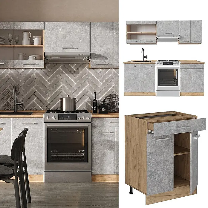 Küchenzeile R-Line 200 cm Beton Art.-Nr. 53880 -  - Modulküche mit grauen Beton-Optik-Schränken, Holzdetails, Edelstahlgeräten und einer grauen Fischgrätfliesenrückwand. Einzelne Module sind ebenfalls abgebildet.