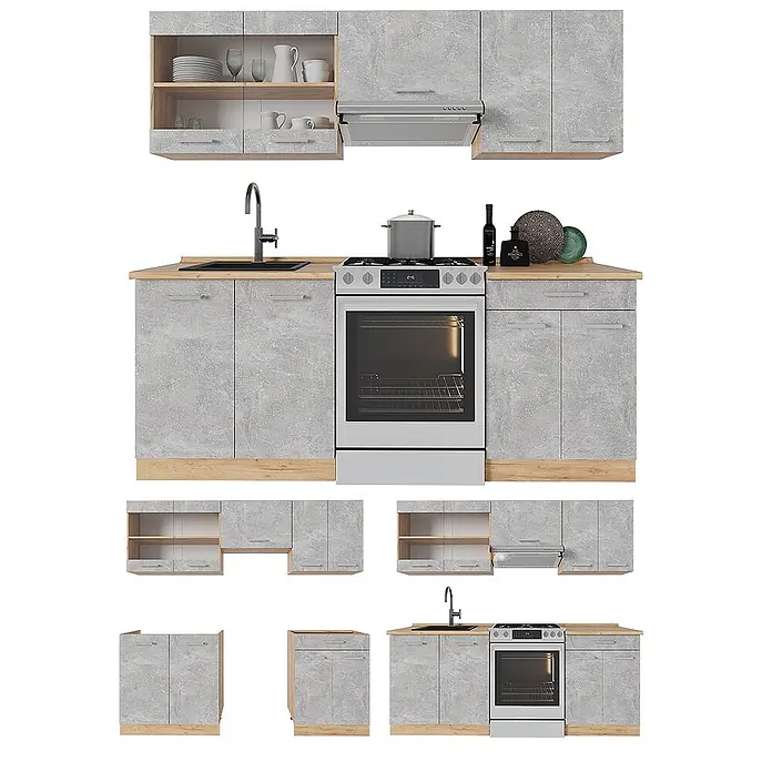 Küchenzeile R-Line 200 cm Beton Art.-Nr. 53880 -  - Modulküche in Betonoptik Grau mit hellen Holzdetails, Spüle, Herd und Dunstabzugshaube. Verschiedene Schrankkonfigurationen.