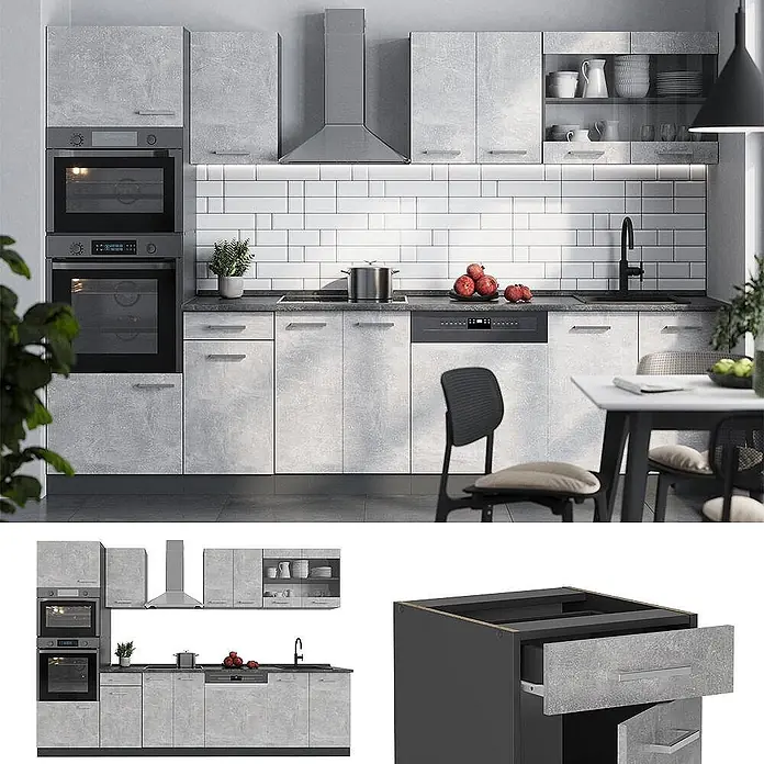 Vicco Küchenzeile R-Line Beton/Anthrazit mit Hochschrank, AP Anthrazit - Breite: 300 cm, Beton, Ohne Elektrogeräte - Modulare Küche mit grauen Schränken in Betonoptik, integrierten Geräten und Essbereich.