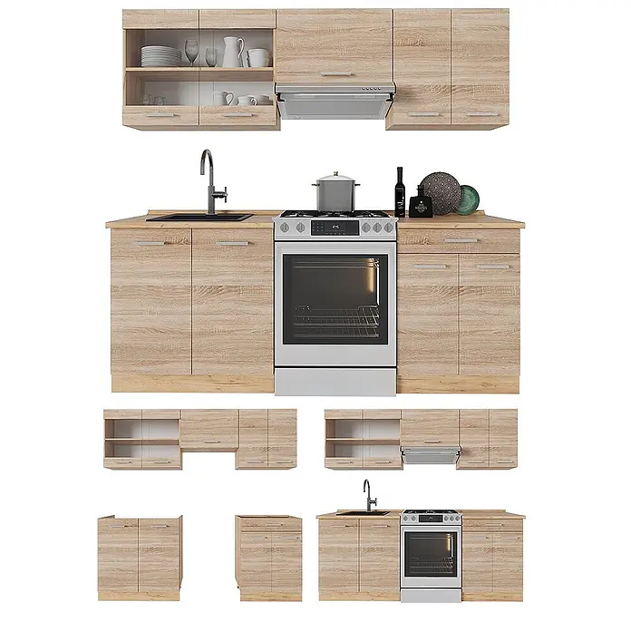 Vicco Küchenzeile R-Line Sonoma/Goldkraft Eiche, AP Anthrazit - Breite: 200 cm, Sonoma, Ohne Elektrogeräte - Modulare Küchenmöbel in heller Eichenholzoptik, mit Ober- und Unterschränken, Spüle und Ofenbereich.