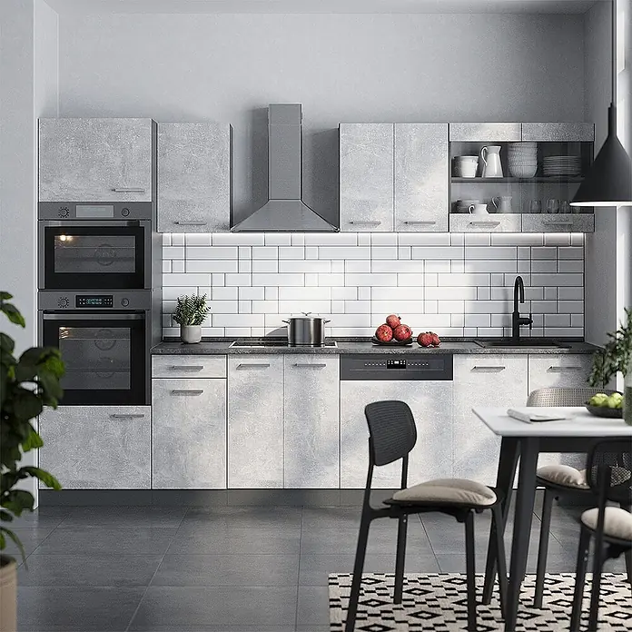 Vicco Küchenzeile R-Line Beton/Anthrazit mit Hochschrank, AP Marmor - Breite: 300 cm, Beton, Ohne Elektrogeräte - Moderne Küche mit grauem Beton-Look-Schränken, integrierten Geräten wie Öfen und Geschirrspüler, und einem Esstisch.