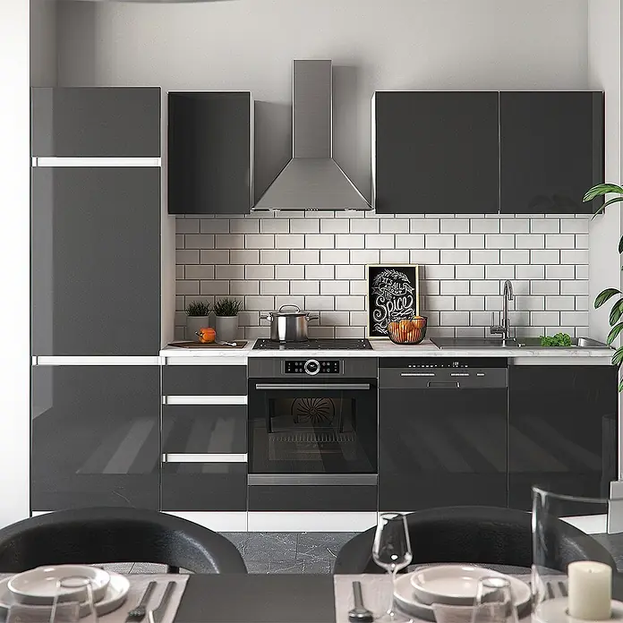 Vicco Küchenzeile Optima, Anthrazit Hochglanz/Weiß, 270 cm -  - Moderne dunkelgraue Küche mit Hochglanzschränken, Edelstahl-Ofen, Herd, Dunstabzugshaube, Spüle und Geschirrspüler, sowie weißem Fliesenspiegel.