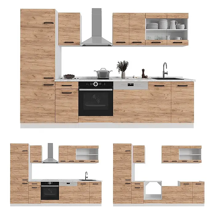 Vicco Küchenzeile R-Line, Goldkraft Eiche/Weiß, 300 cm -  - Modulare Küchenmöbel in heller Holzoptik mit schwarzen Griffen, bestehend aus Hochschränken, Unterschränken, Hängeschränken und integrierten Geräten.