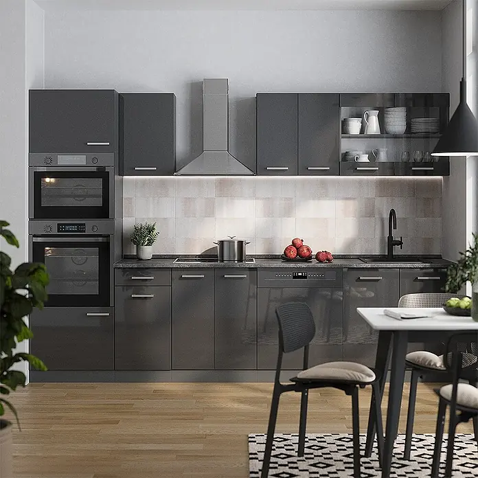 Vicco Küchenzeile R-Line Anthrazit Hochglanz/Anthrazit mit Hochschrank, AP Eiche - Breite: 300 cm, Anthrazit Hochglanz, Ohne Elektrogeräte - Moderne dunkelgraue Hochglanz-Modulküche mit integrierten Geräten und Essbereich.