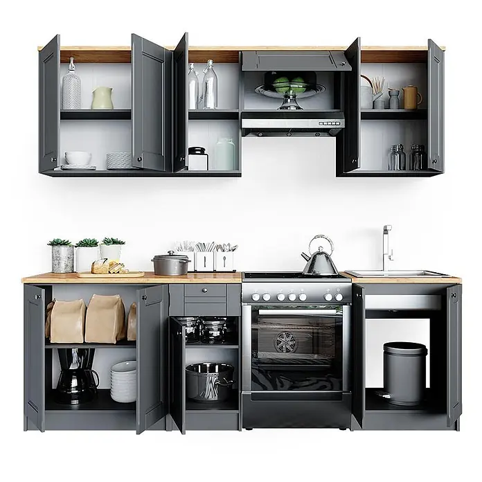 Vicco Küchenzeile Bergamo, Edelgrau, 240 cm -  - Komplette graue Küche mit Holzplatten und offenen Schränken. Mit Herd, Spüle und Dunstabzugshaube, diverses Küchengeschirr sichtbar.