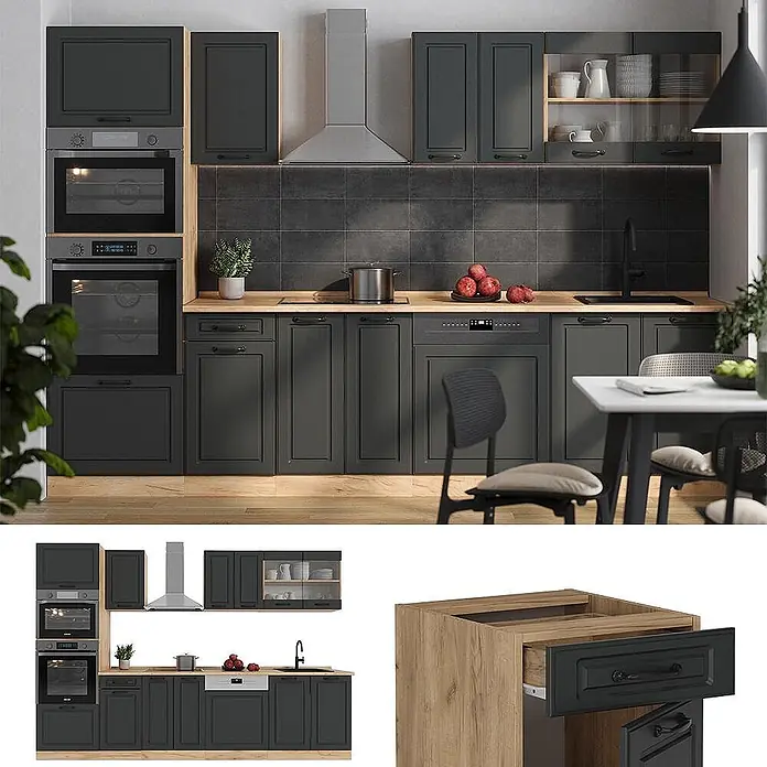 Vicco Küchenzeile R-Line Anthrazit Landhaus mit Hochschrank, ohne Arbeitsplatte - Breite: 300 cm, Anthrazit Landhaus, Ohne Elektrogeräte - Moderne dunkelgraue Modulküche mit Holztheken und integrierten Geräten, mit Holzschrankdetails.