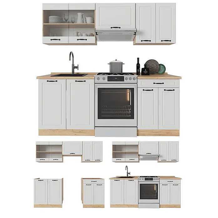 Küchenzeile R-Line 200 cm Weiß Landhaus Art.-Nr. 53350 -  - Weißes modulares Küchenschrank-Set mit hellen Holzplatten und Unterbau, inklusive Ober- und Unterschränken, Spüle und Herd.
