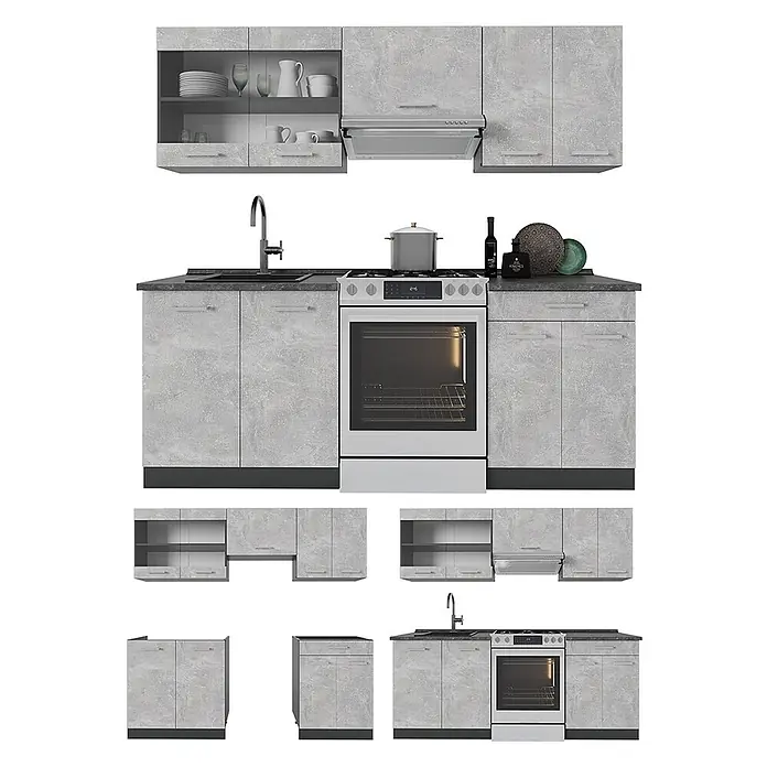 Küchenzeile R-Line 200 cm Beton Art.-Nr. 53591 -  - Modulares Küchenset mit grauen Betonoptik-Schränken, dunkler Arbeitsplatte, Spüle, freistehendem Herd und Dunstabzugshaube.