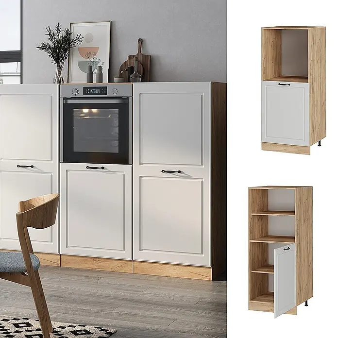 Vicco Schrankküche R-Line Weiß Landhaus - Breite: 60 cm, Weiß Landhaus, Backofenumbauschrank 60 cm (halb) - Helle Holz-Küchenschränke mit weißen Kassettenfronten, integriertem Backofen und Stauraum.