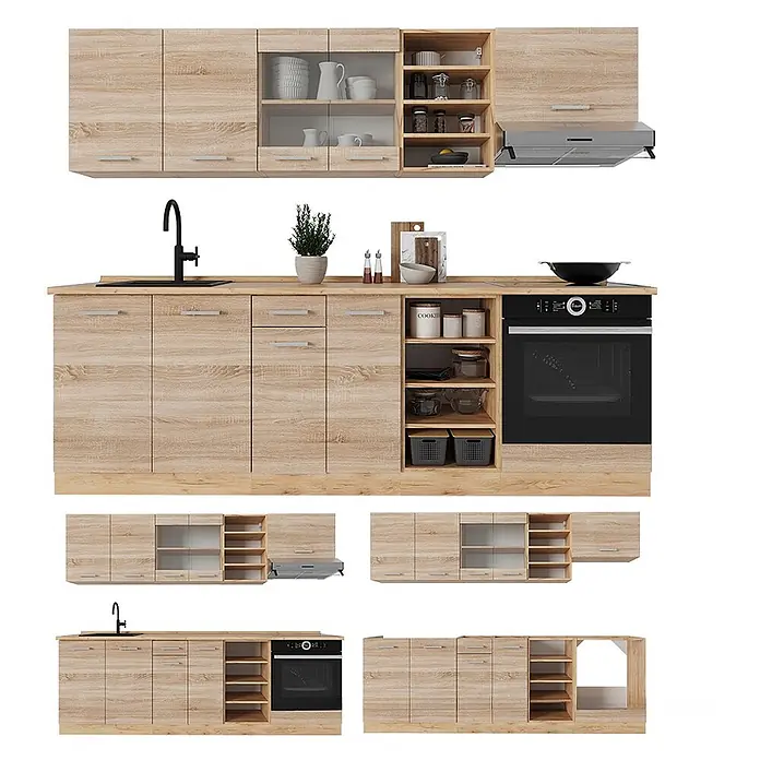Vicco Küchenzeile R-Line Sonoma/Goldkraft Eiche, AP Eiche - Breite: 240 cm, Sonoma, Ohne Elektrogeräte - Modulares Küchenschrank-Set in heller Holzoptik mit Ober- und Unterschränken, Spüle und integriertem Backofen.