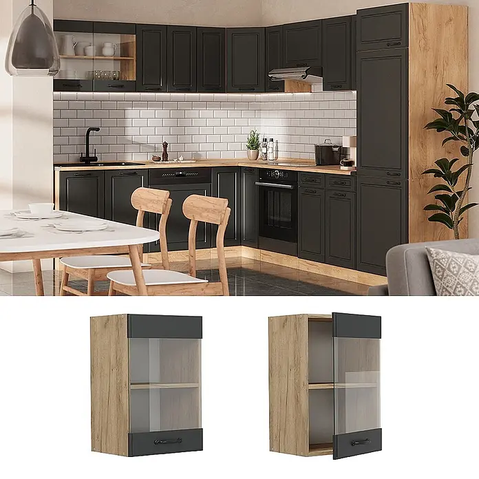 Vicco Schrankküche R-Line Anthrazit Landhaus - Breite: 40 cm, Anthrazit Landhaus, Hängeglasschrank 40 cm - Moderne Küche mit dunkelgrauen Schränken, Holzoptik-Paneelen und einem Wandregal mit Glasfront.
