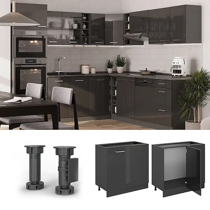 Vicco Schrankküche R-Line Anthrazit Hochglanz ohne Arbeitsplatte - Breite: 86 cm, Anthrazit Hochglanz, Eckunterschrank 86 cm - Moderne dunkelgraue Küche mit glänzenden Schränken, Unter- und Hängeschränken sowie verstellbaren Beinen.