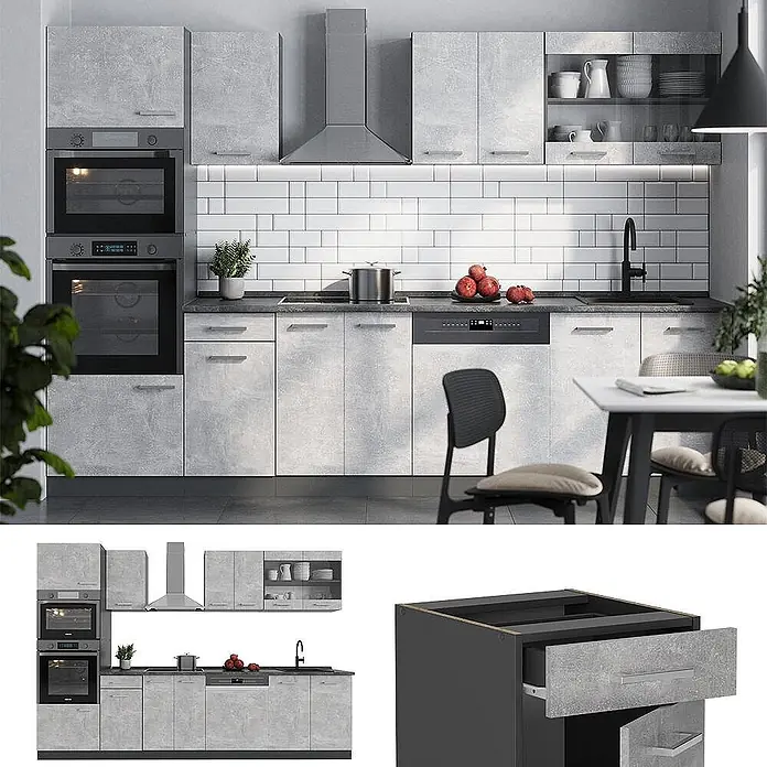 Vicco Küchenzeile R-Line Beton/Anthrazit mit Hochschrank, ohne Arbeitsplatte - Breite: 300 cm, Beton, Ohne Elektrogeräte - Moderne Küche in Betonoptik Grau mit Einbaugeräten und Essbereich. Unterschränke, Hängeschränke, Öfen und Geschirrspüler.