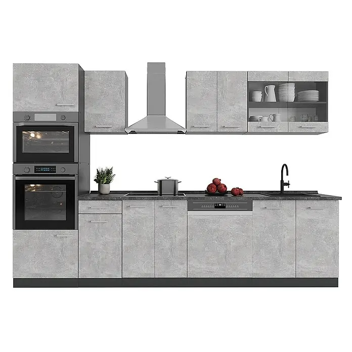 Vicco Küchenzeile R-Line Beton/Anthrazit mit Hochschrank, ohne Arbeitsplatte - Breite: 300 cm, Beton, Ohne Elektrogeräte - Komplette Küche in Grau Betonoptik mit Öfen, Dunstabzugshaube, Spüle und integriertem Geschirrspüler.