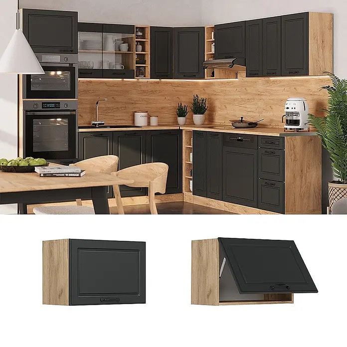 Vicco Schrankküche R-Line Anthrazit Landhaus Flach - Breite: 60 cm, Anthrazit Landhaus, Hängeschrank 60 cm (flach) - Moderne Küchenzeile mit dunkelgrauen Schränken, heller Eichenoptik und integrierten Geräten.