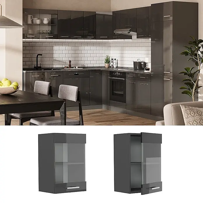 Vicco Schrankküche R-Line Anthrazit Hochglanz - Breite: 40 cm, Anthrazit Hochglanz, Hängeglasschrank 40 cm - Elegante, dunkelgraue Hochglanz-Küchenschränke in moderner Einrichtung mit integrierten Geräten, Essbereich und Wandschränken mit Glastüren.