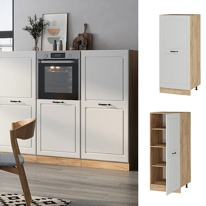 Vicco Schrankküche R-Line Weiß Landhaus - Breite: 60 cm, Weiß Landhaus, Vorratsschrank 60 cm - Weiße Küchenschränke mit hellem Holzdekor, als integrierte Küchenzeile mit Backofen und als vielseitige Hochschränke gezeigt.
