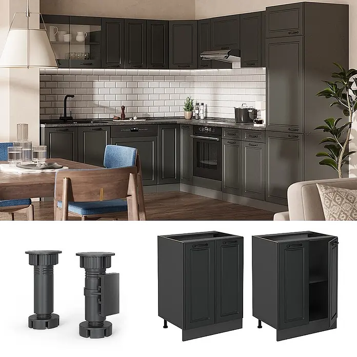Vicco Schrankküche R-Line Anthrazit Landhaus AP Marmor - Breite: 60 cm, Anthrazit Landhaus, Unterschrank 60 cm - Dunkelgraue modulare Küchenschränke, montiert und als einzelne Unterschränke mit verstellbaren Füßen.
