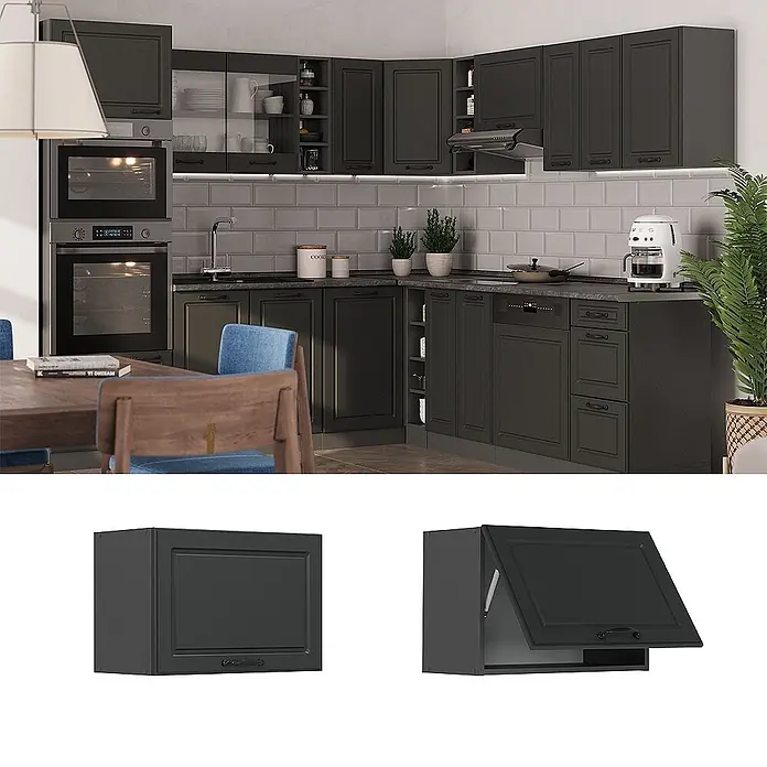 Vicco Schrankküche R-Line Anthrazit Landhaus Flach - Breite: 60 cm, Anthrazit Landhaus, Hängeschrank 60 cm (flach) - Dunkelgraue Küchenschränke im klassischen Design, in einer Küche installiert und als Klappen-Oberschrank gezeigt.