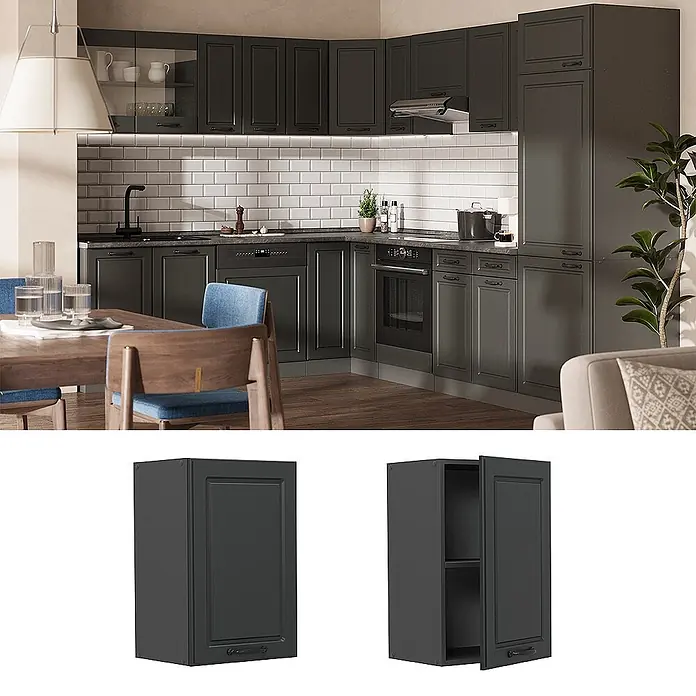 Vicco Schrankküche R-Line Anthrazit Landhaus - Breite: 40 cm, Anthrazit Landhaus, Hängeschrank 40 cm - Dunkelgrauer Küchenwandschrank, geschlossen und geöffnet mit Innenregalen.