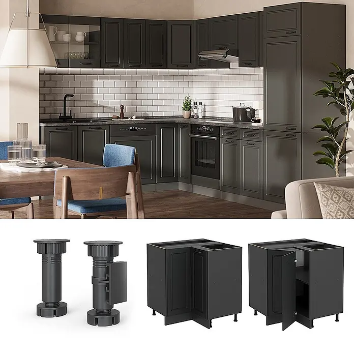 Vicco Schrankküche R-Line Anthrazit Landhaus AP Marmor - Breite: 75,6 cm, Anthrazit Landhaus, Eckunterschrank - Dunkelgraue Küchenschränke mit Geräten in moderner Küche. Darunter: schwarze, verstellbare Schrankfüße und Eckunterschrank-Korpusse.