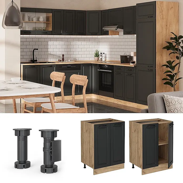 Vicco Schrankküche R-Line Anthrazit Landhaus ohne Arbeitsplatte - Breite: 60 cm, Anthrazit Landhaus, Unterschrank 60 cm - Modulare Küche mit dunkelgrauen und holzfarbenen Schränken. Verstellbare Schranksockel und Unterschränke sind separat dargestellt.