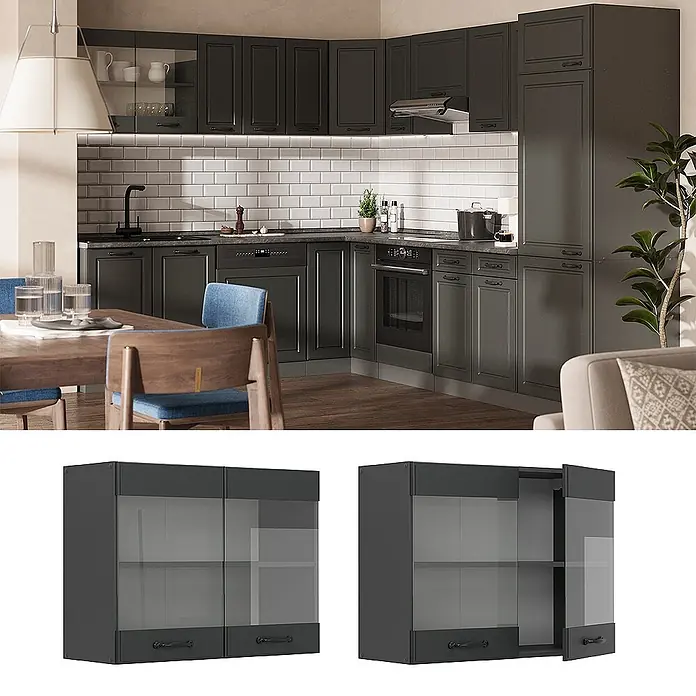 Vicco Schrankküche R-Line Anthrazit Landhaus - Breite: 80 cm, Anthrazit Landhaus, Hängeglasschrank 80 cm - Modulare dunkelgraue Küchenschränke mit Glastüroptionen und integrierten Geräten, in einer modernen Küche.